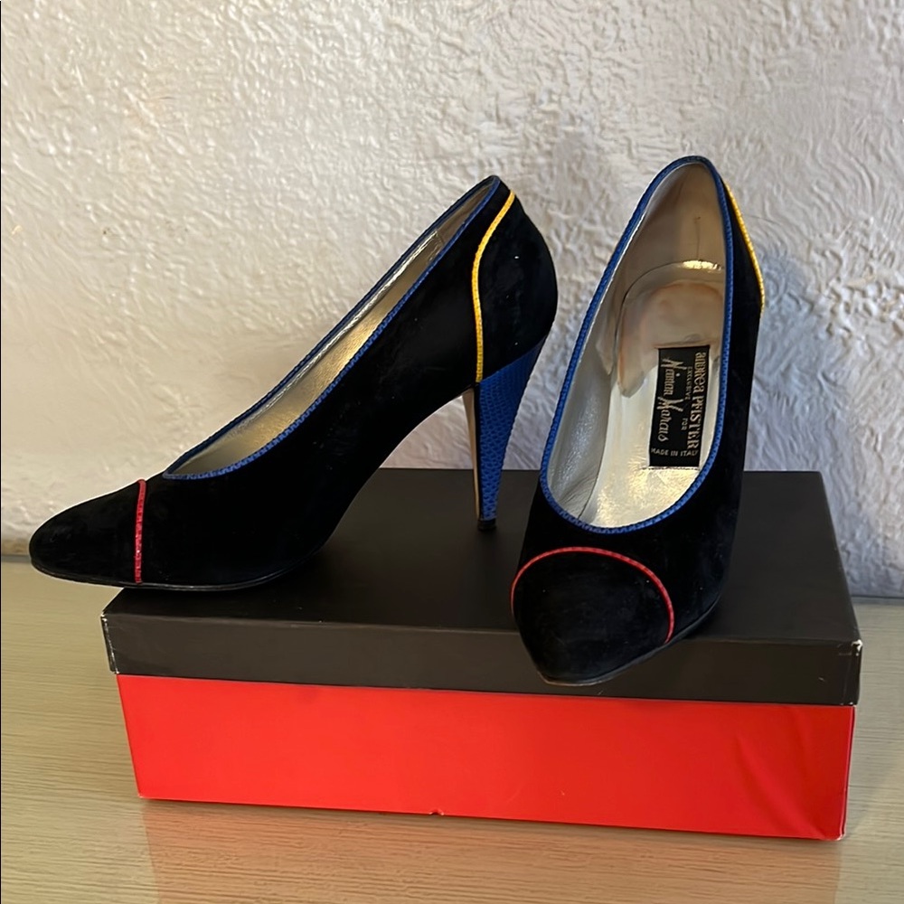 Vintage Black and Blue Suede Heels